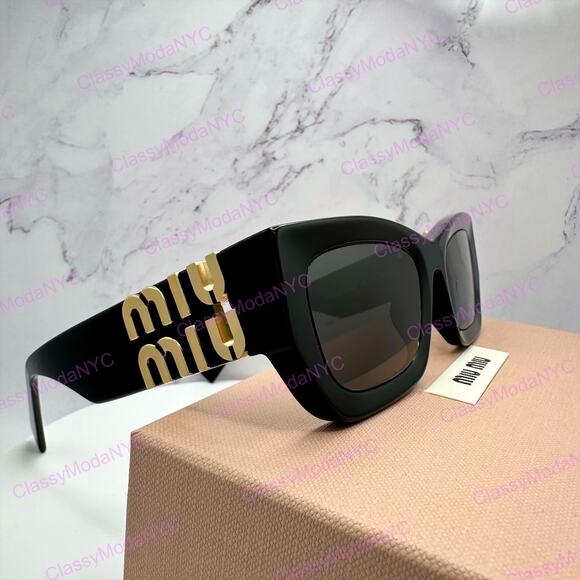New MIU MIU Sunglasses New Black Acetate Gold Metal Logo Square Cat Eye